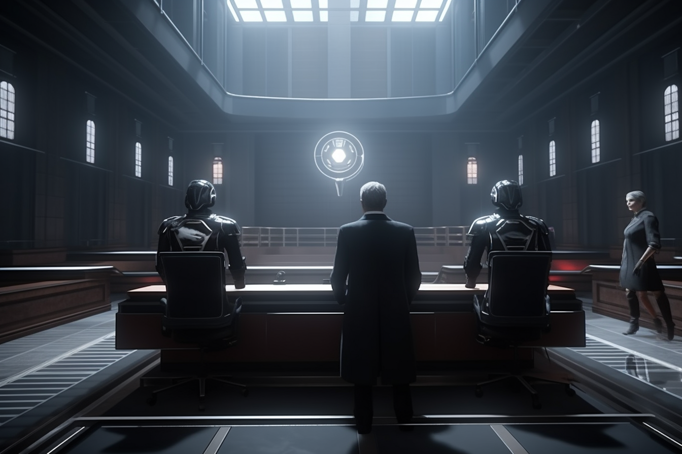 Futuristic courtroom with judge, convict, and lawyer