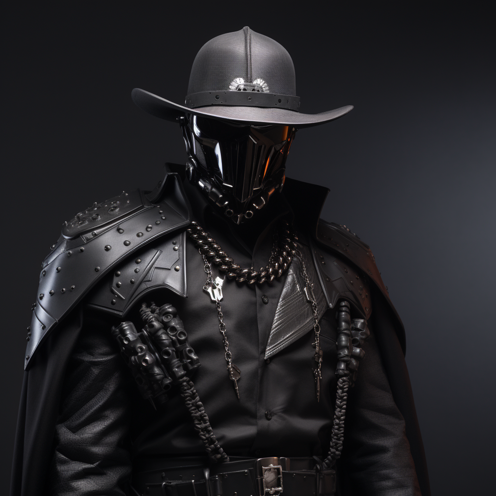 Futuristic black armored military cowboy with hat