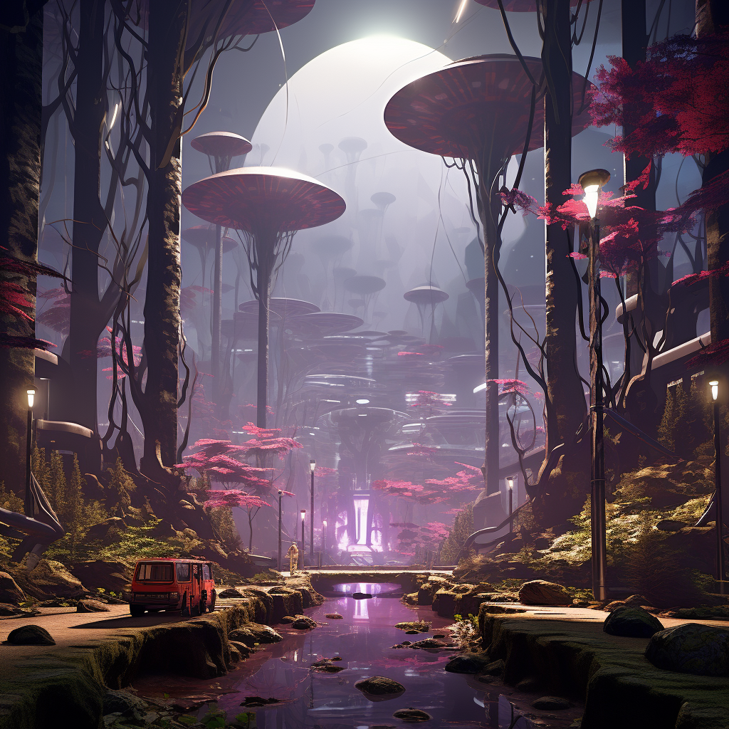 Long Shot of Futuristic Creepy Forest