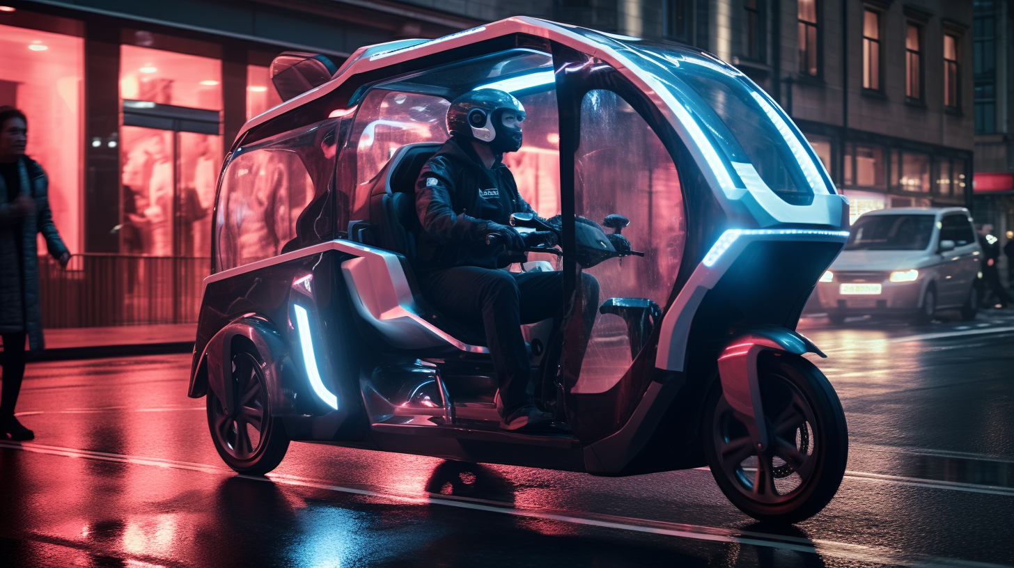 Futuristic cyberpunk pedicab roaming through London