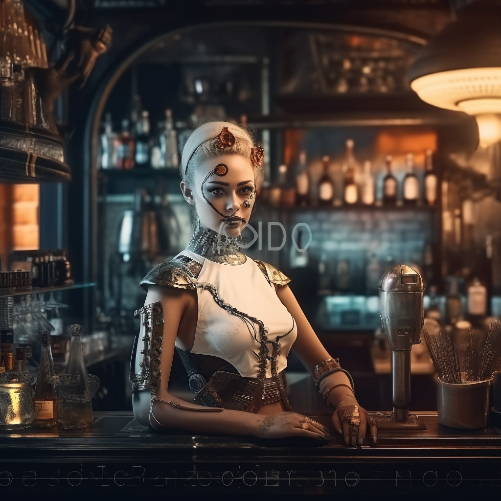 Female cyborg bartender serving drinks