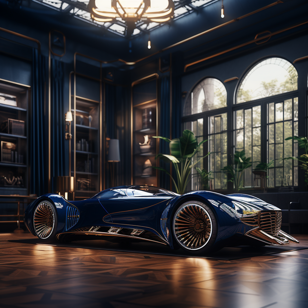 Shiny futuristic dark blue car in office with furniture