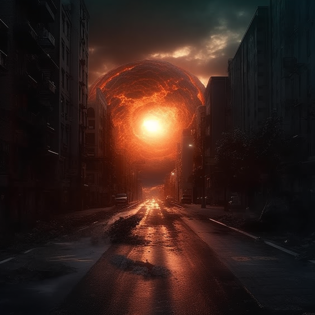 Sun crashing into Earth on an apocalyptic street