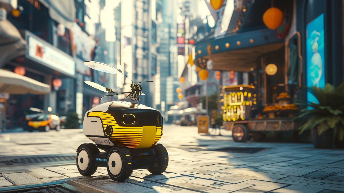 Futuristic delivery robot in virtual intelligence city