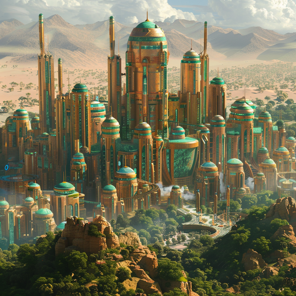 Cityscape with futuristic desert buildings