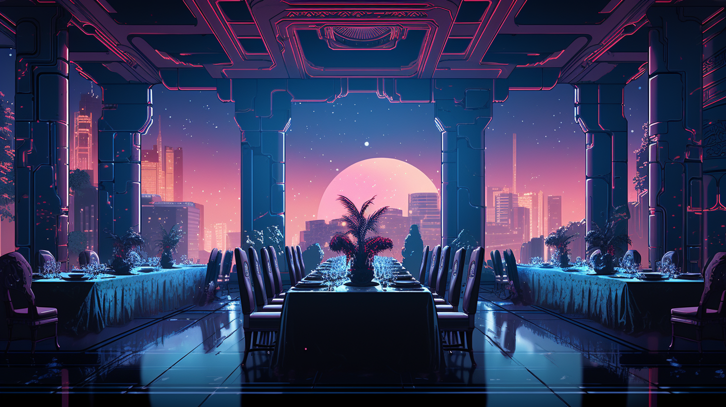 Futuristic dinner banquet in 8-bit theme