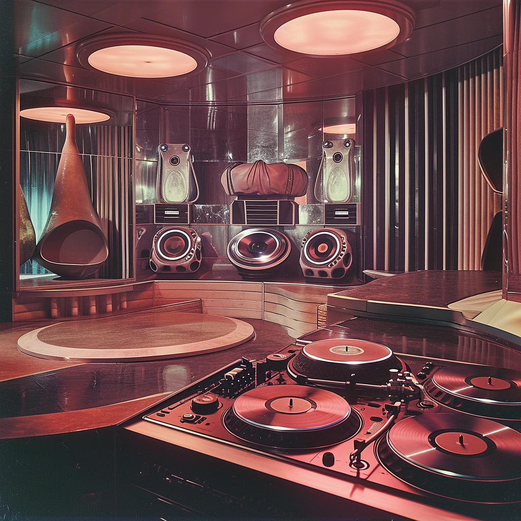 Futuristic DJ booth with vinyl record players