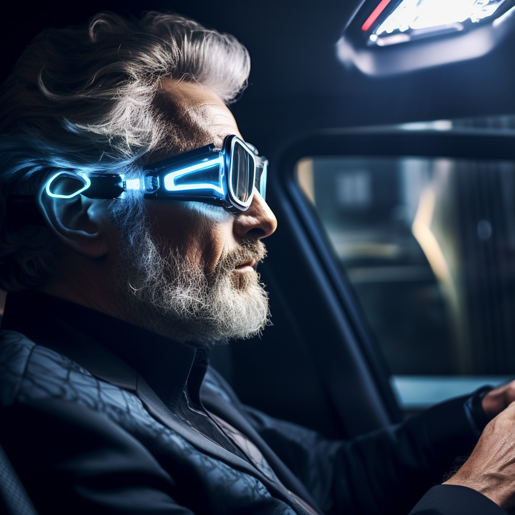 Older man driving with cybernetic glasses