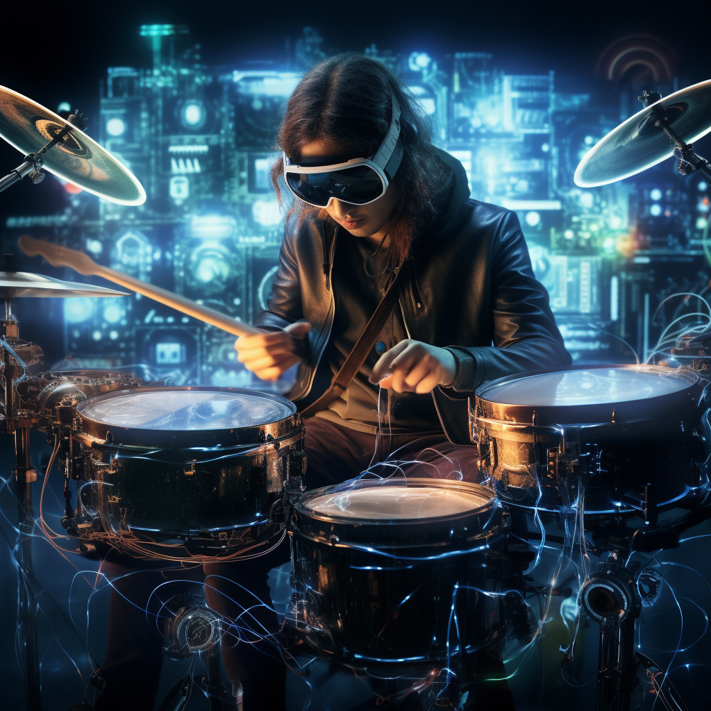 Futuristic drummer playing drums