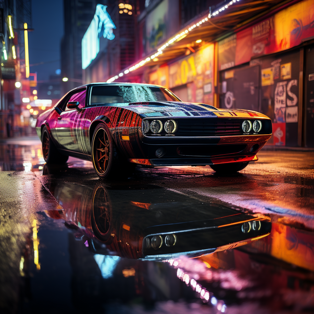 Vibrant neon-lit muscle car in dystopian alley