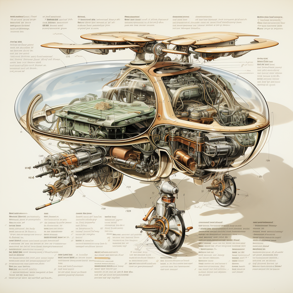 Futuristic transport machine with propellers and gyroscopic technology