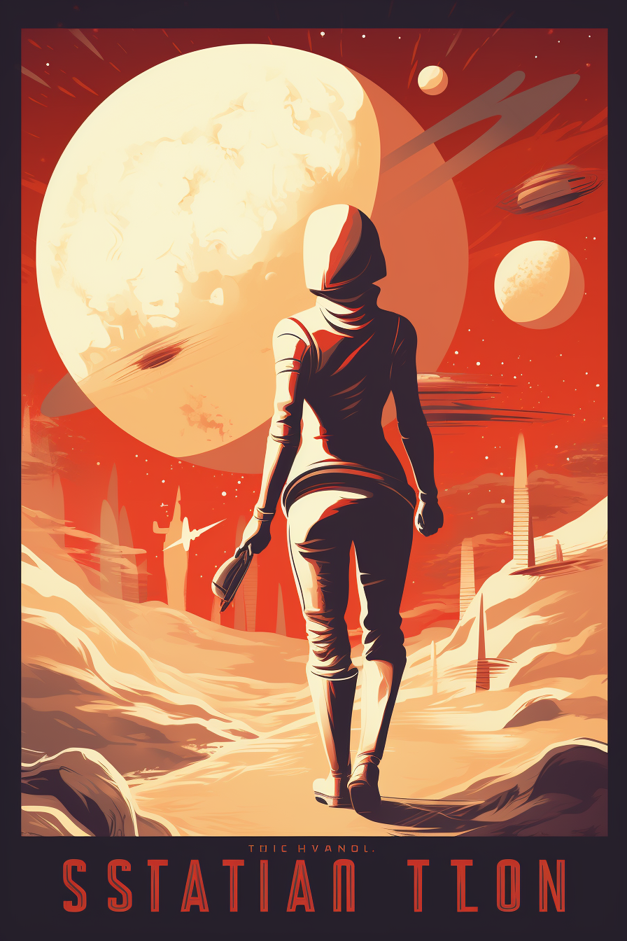 Futuristic elegant woman astronaut exploring imaginary planets