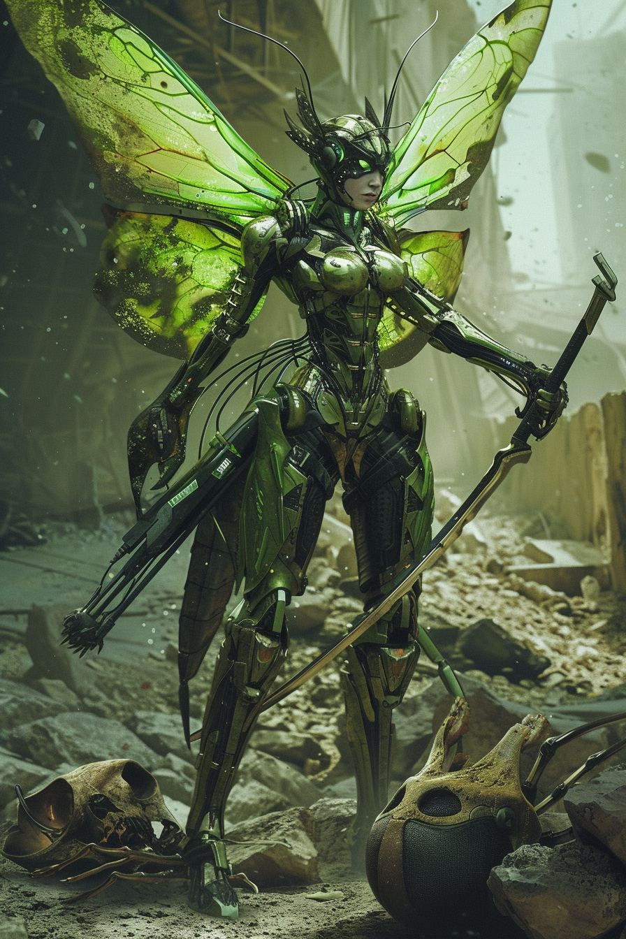 Futuristic Female Warrior in Ruins Holding Wasp Head