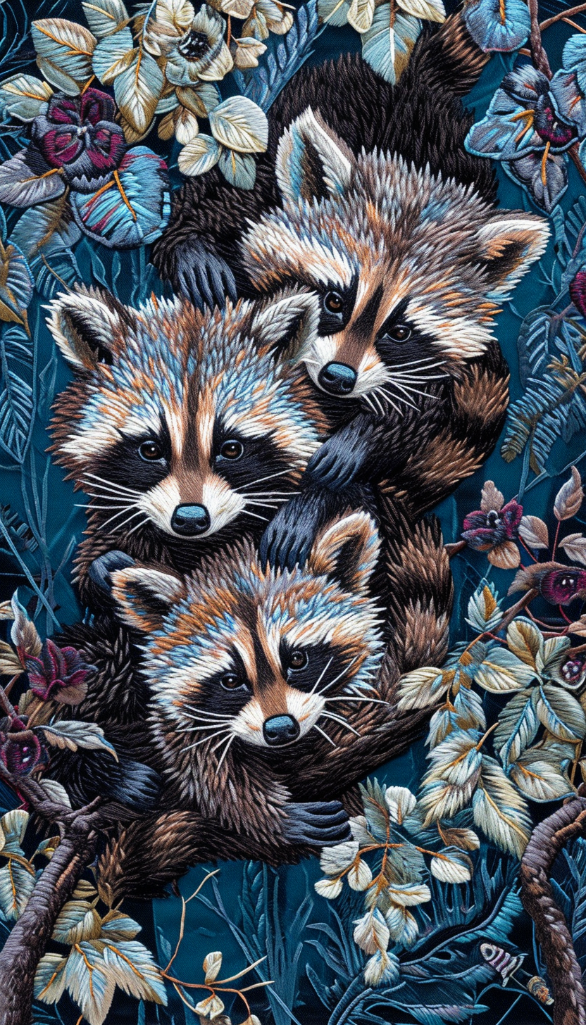 Futuristic Frolic Baby Raccoons Design Embroidered Pattern