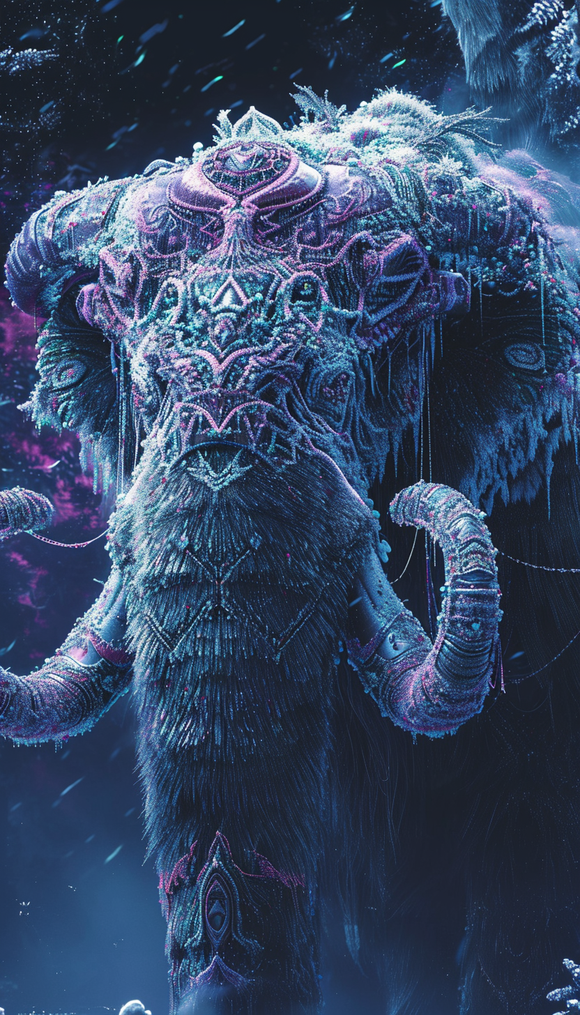 Futuristic Frost Hovering Robo Mammoths Digital Embroidered Pattern