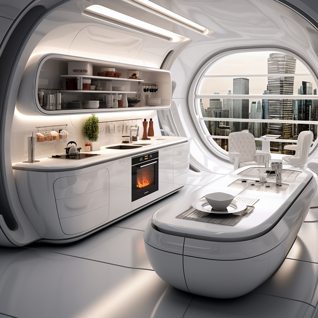 Futuristic kitchen design with smart storage and multi-purpose furniture