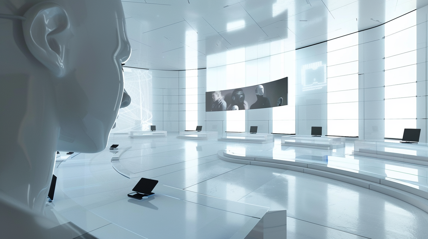 person surrounded by glass screens and VR headset