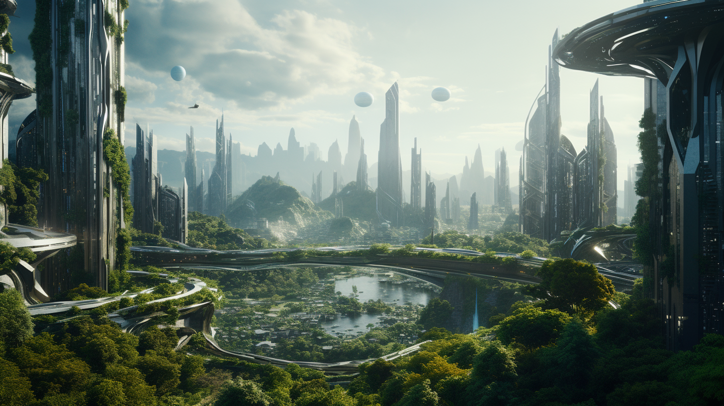 Futuristic city with overgrown greenery