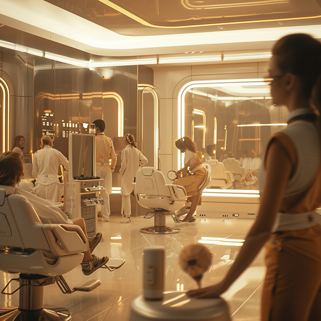 futuristic hair salon scene 2035