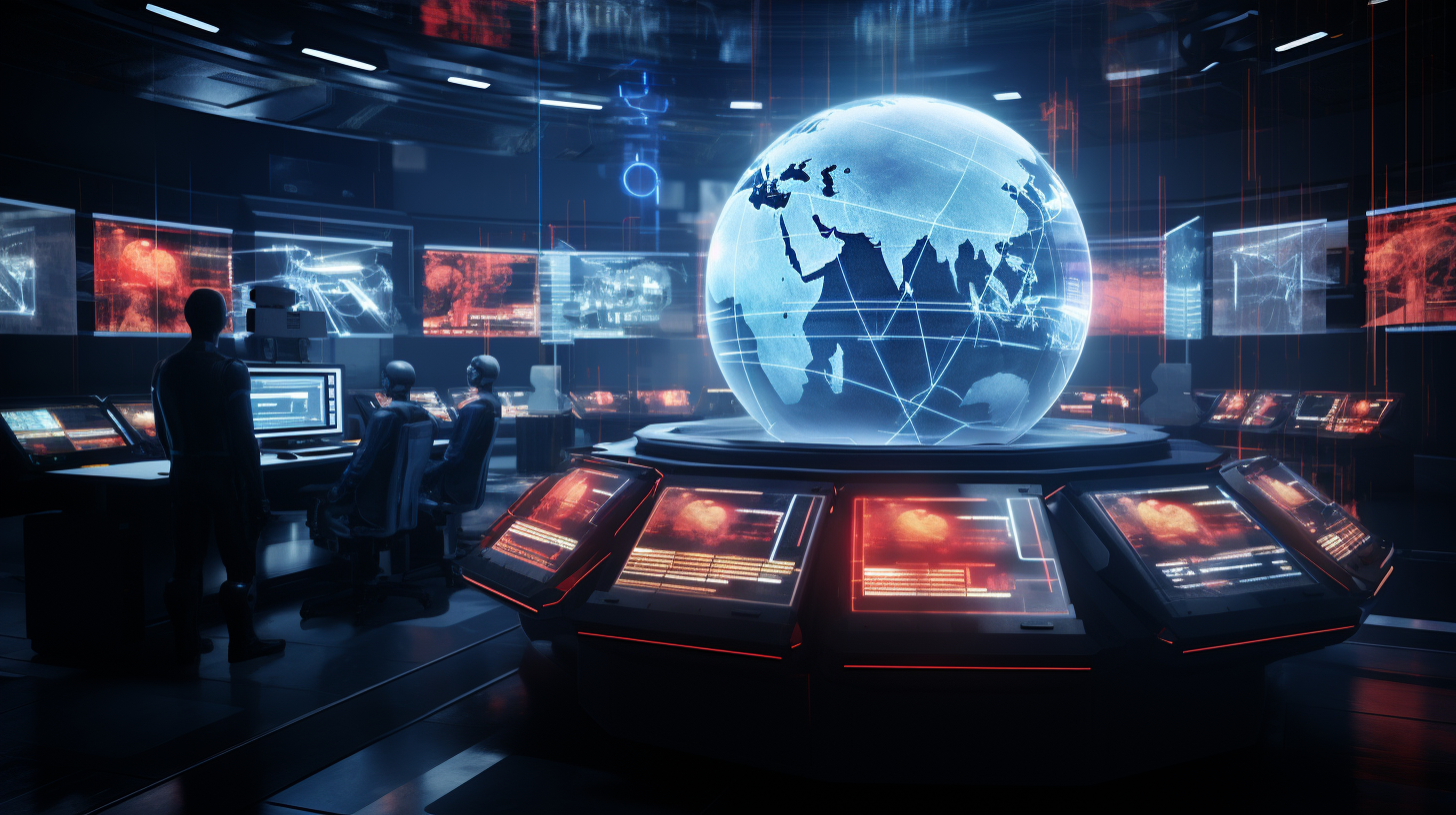 Futuristic high-tech command center with holographic displays