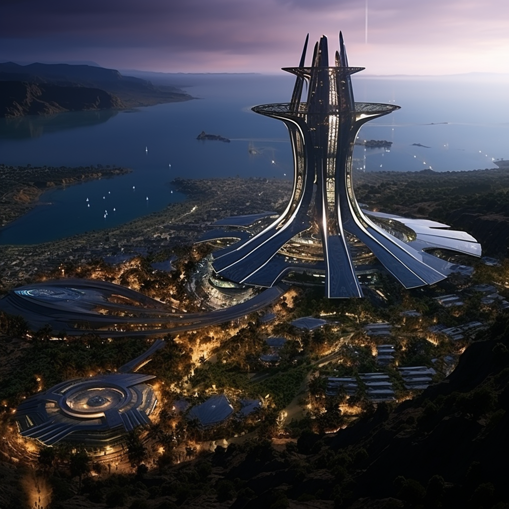 Striking futuristic building on hillside overlooking port city