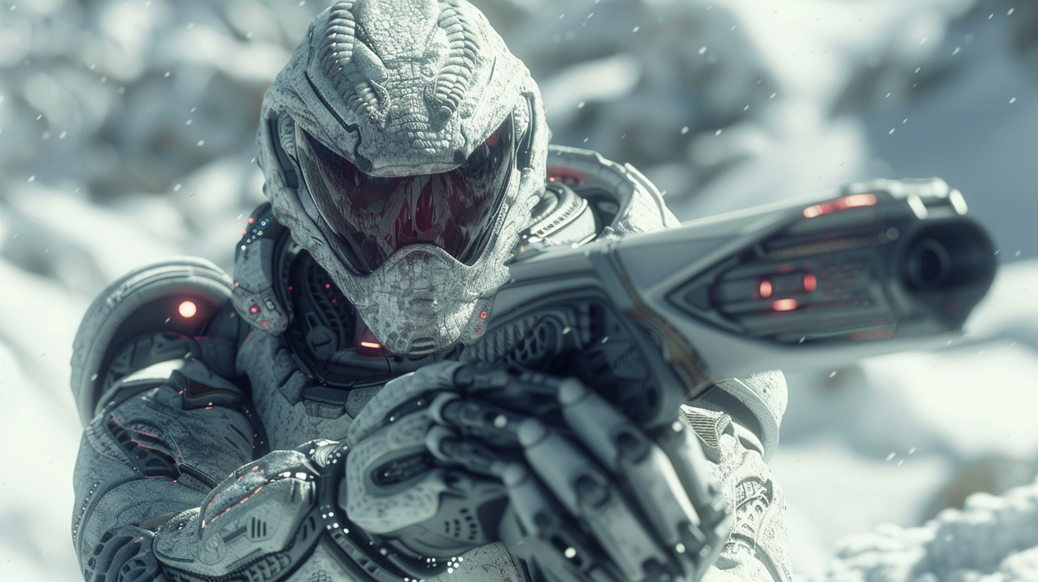 Cobra head humanoid with laser gun on snow