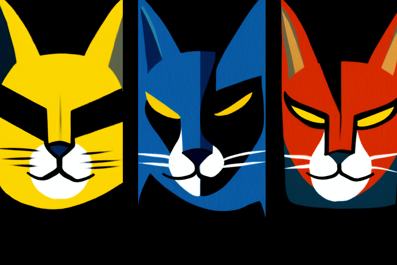 Futuristic cat faces in primary colors