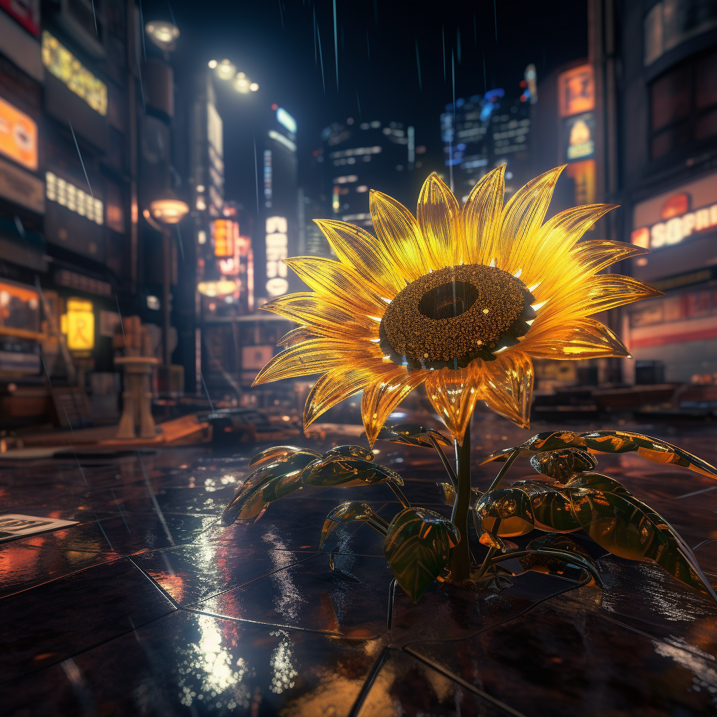 Closeup of a Realistic Sunflower on Futuristic Cyberpunk Street