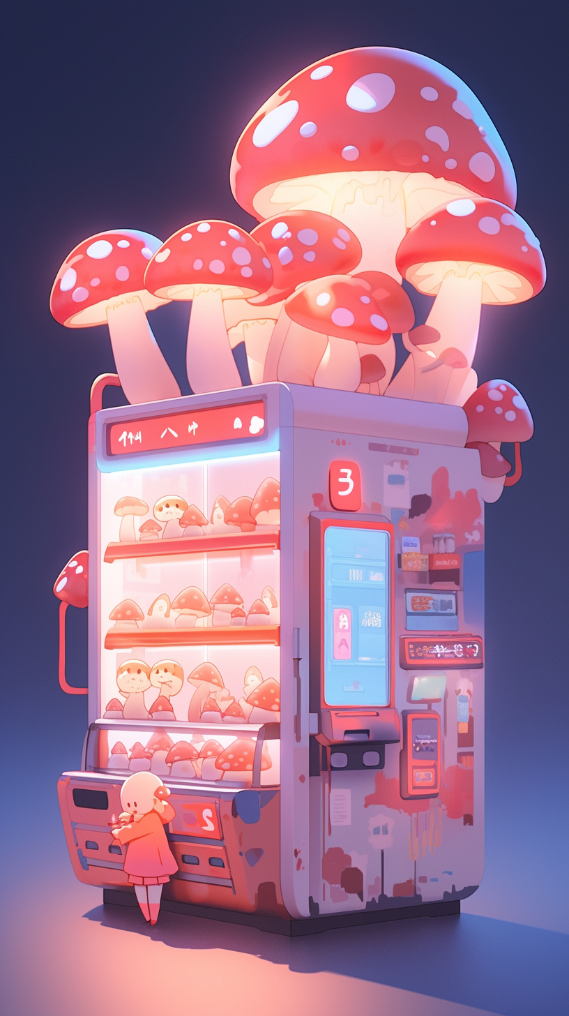 Isometric view of a futuristic Japanese mushroom vending machine