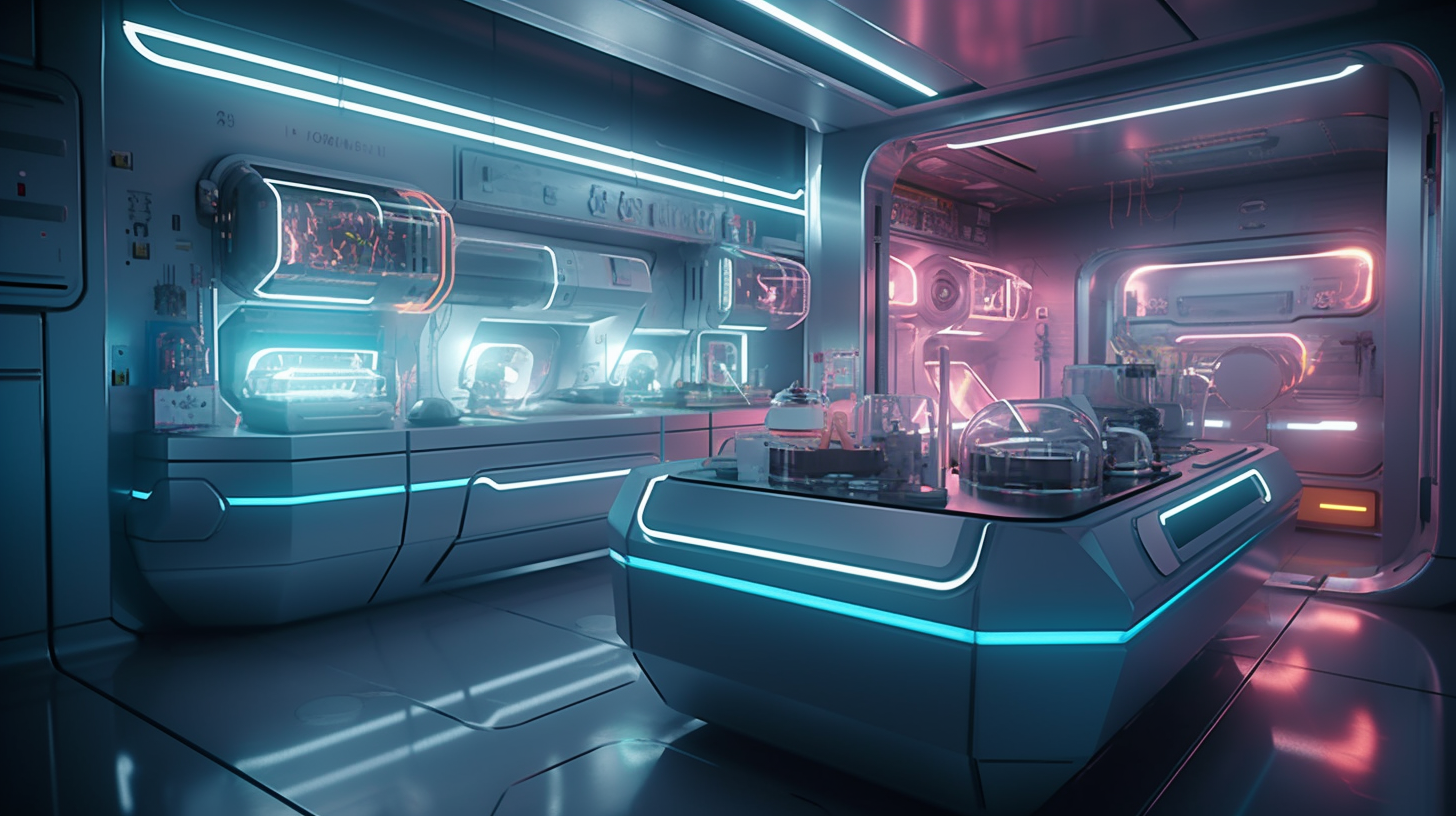 Futuristic kitchen in spaceship with holographic control panels