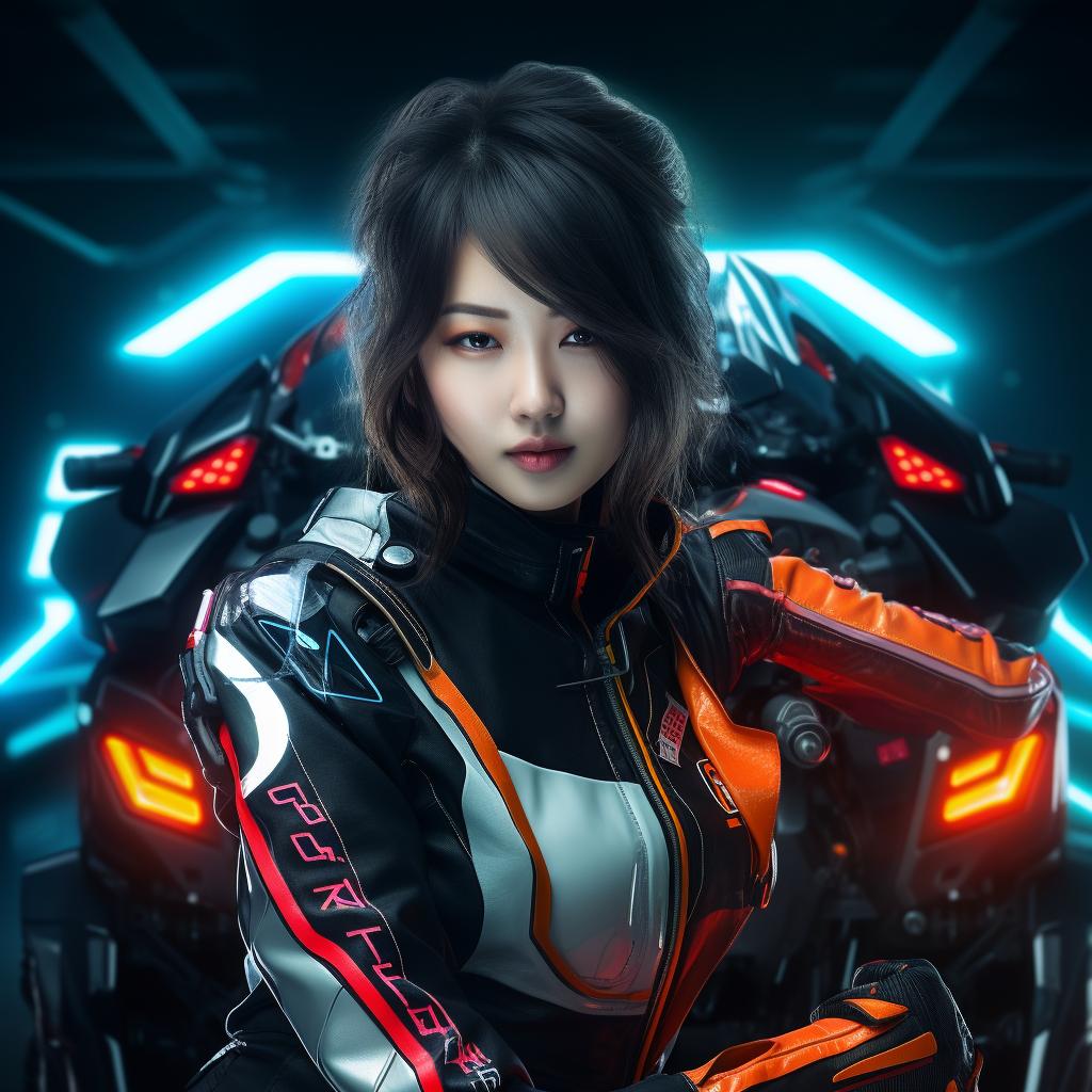 Young Korean woman in futuristic motorcycle suit