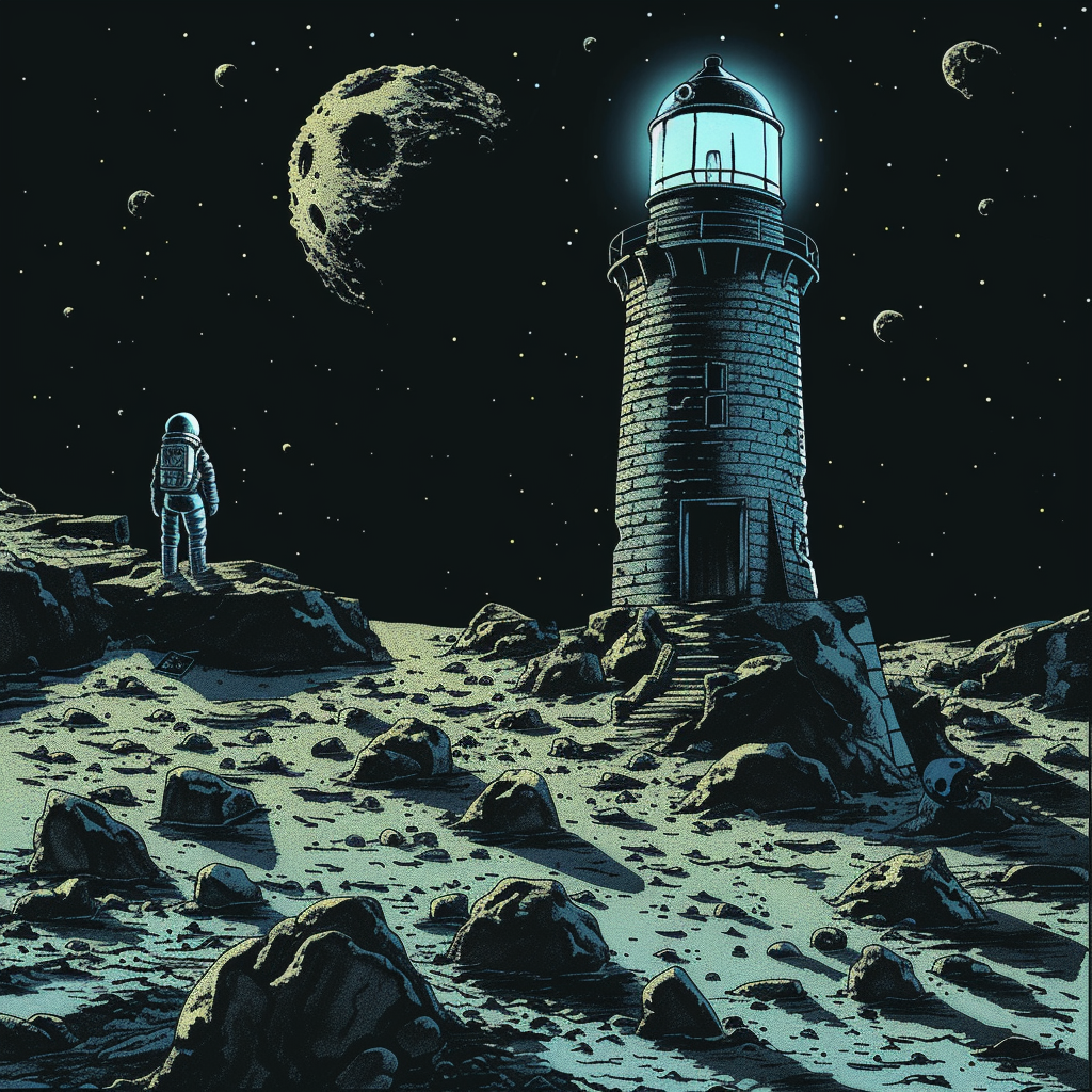 astronaut futuristic lighthouse asteroid space