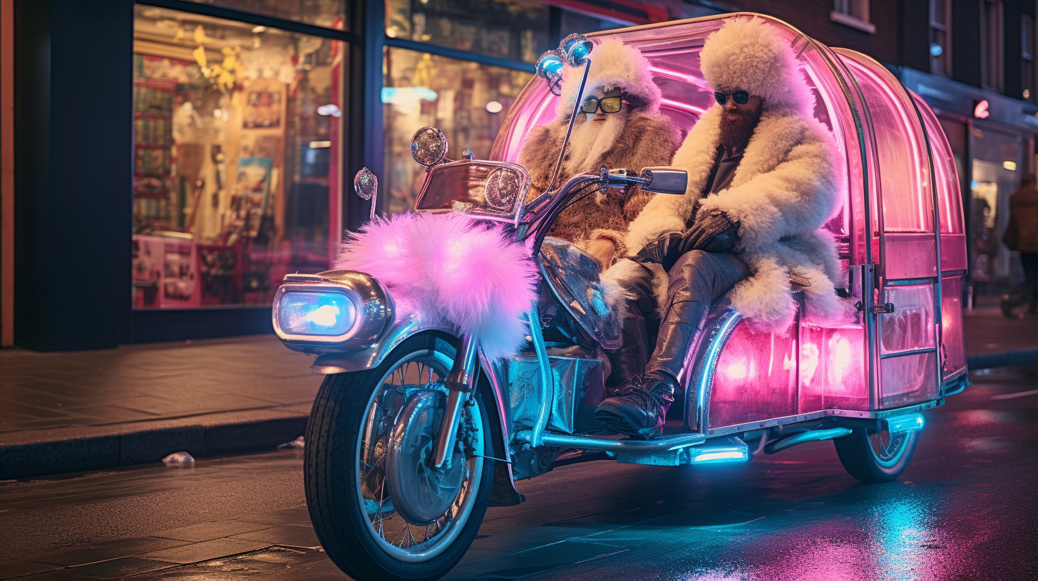 A futuristic pedicab adorning fur and neon lights