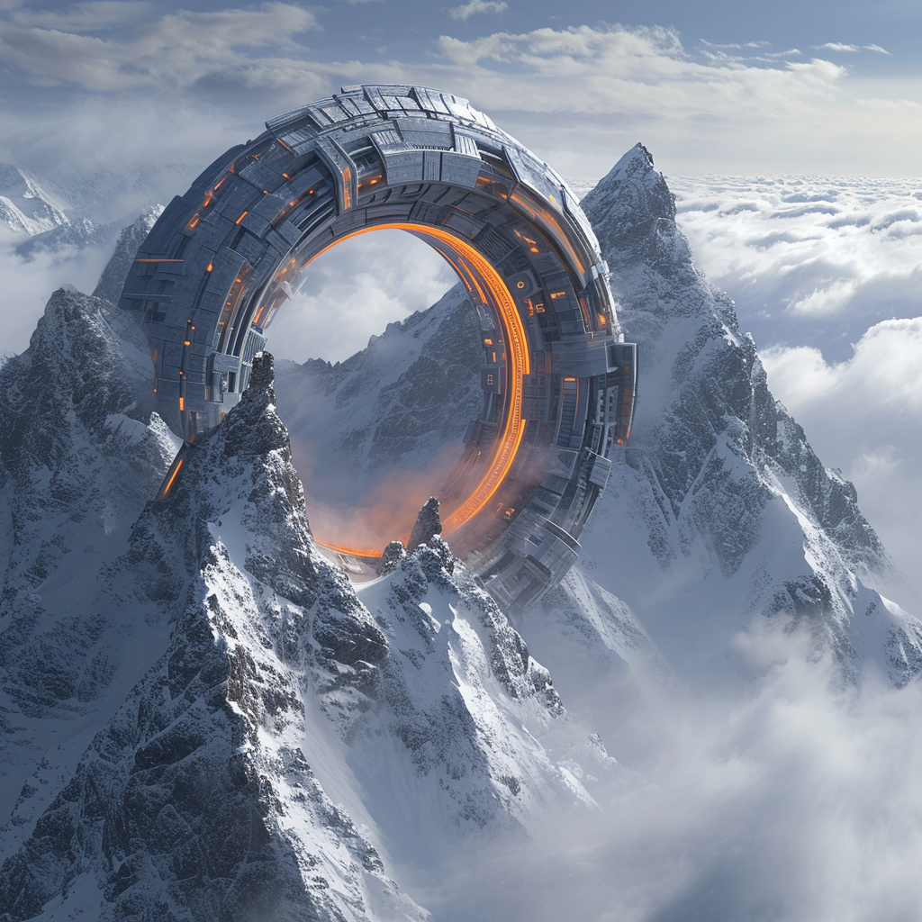 Futuristic massive circular structure on snow mountains