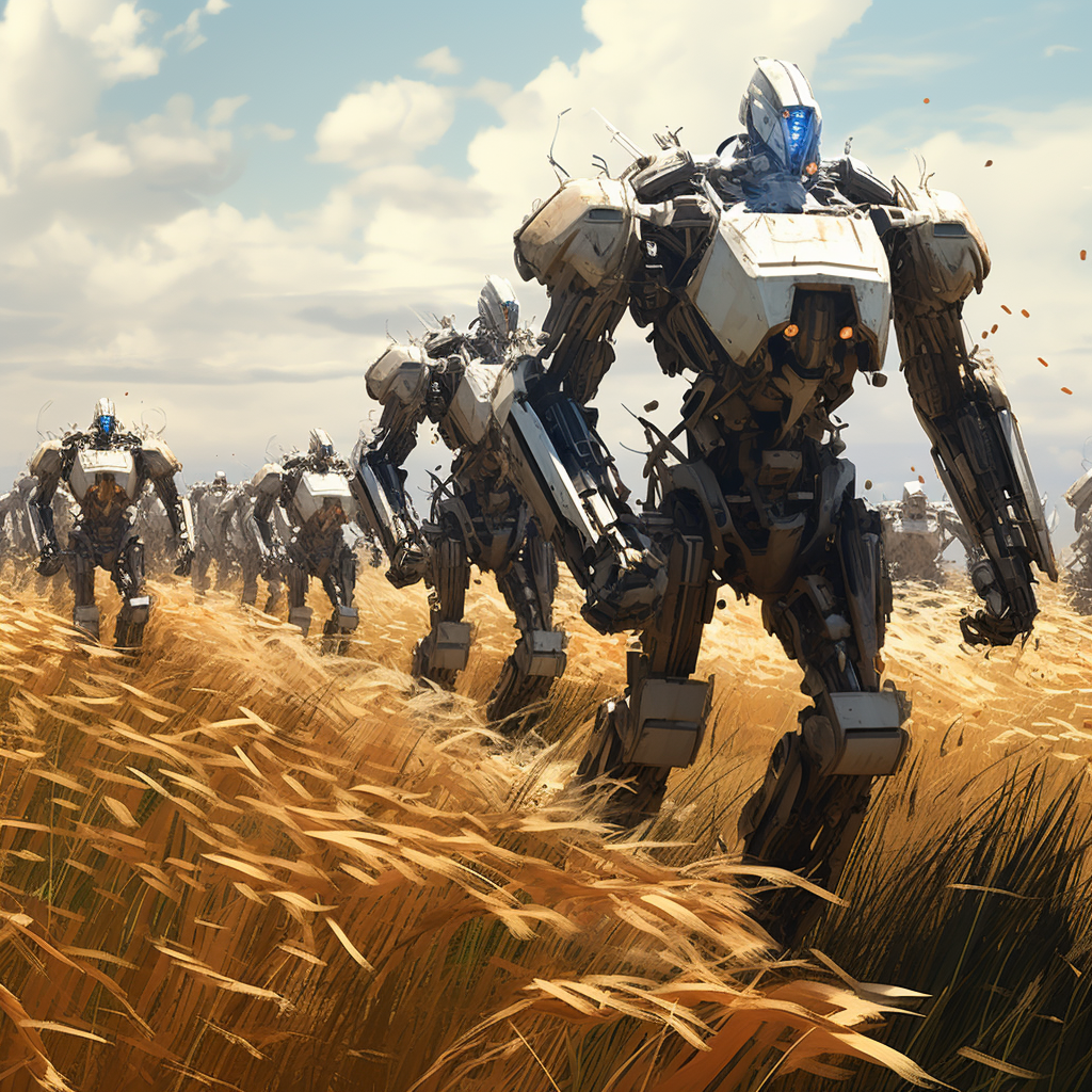 Futuristic mech robots marching farmer's field