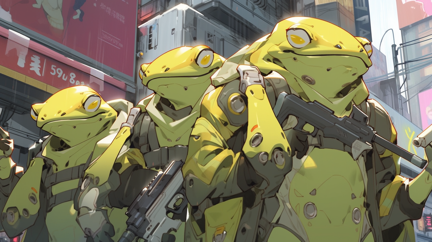 Three Mecha frogs with futuristic weapons at Times Square