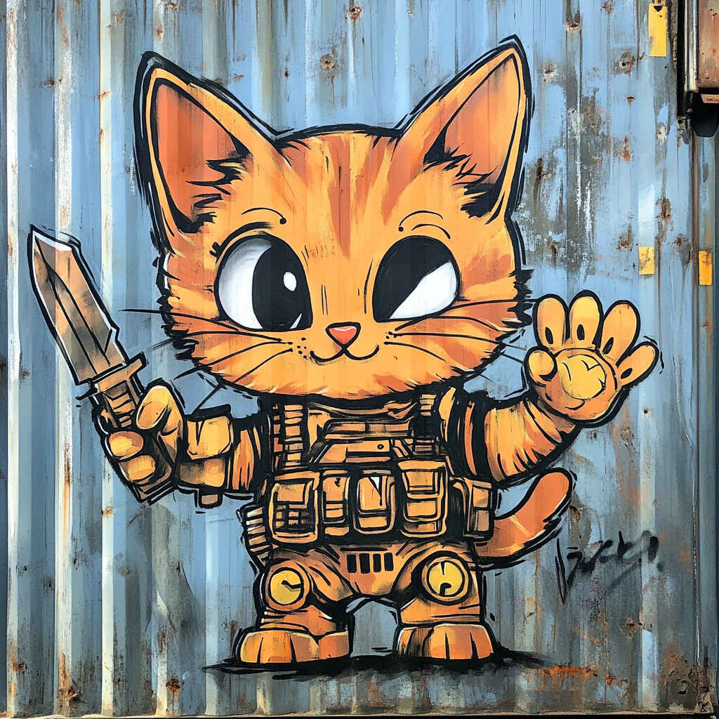 Orange Cyborg Kitten with Mercenary Logo