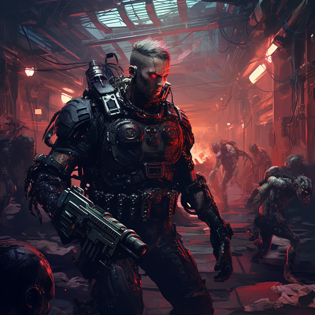 Futuristic mercenary battling zombie toasters in cyberpunk city