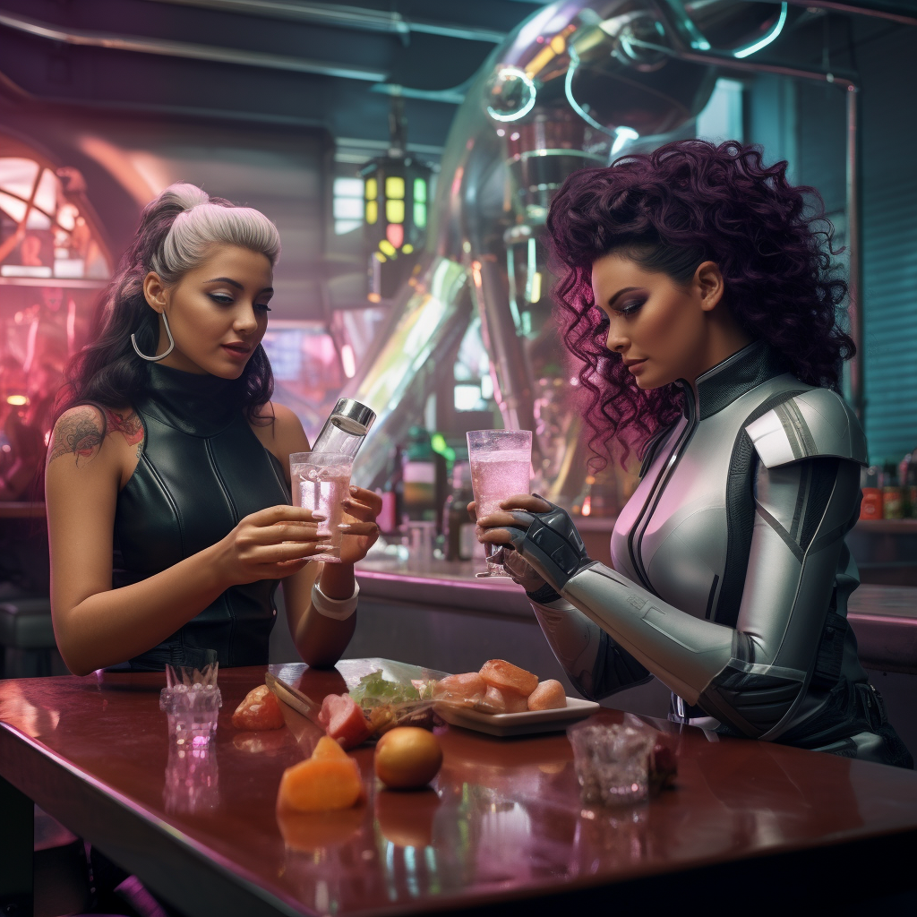 Latin women enjoying futuristic augmented reality drink