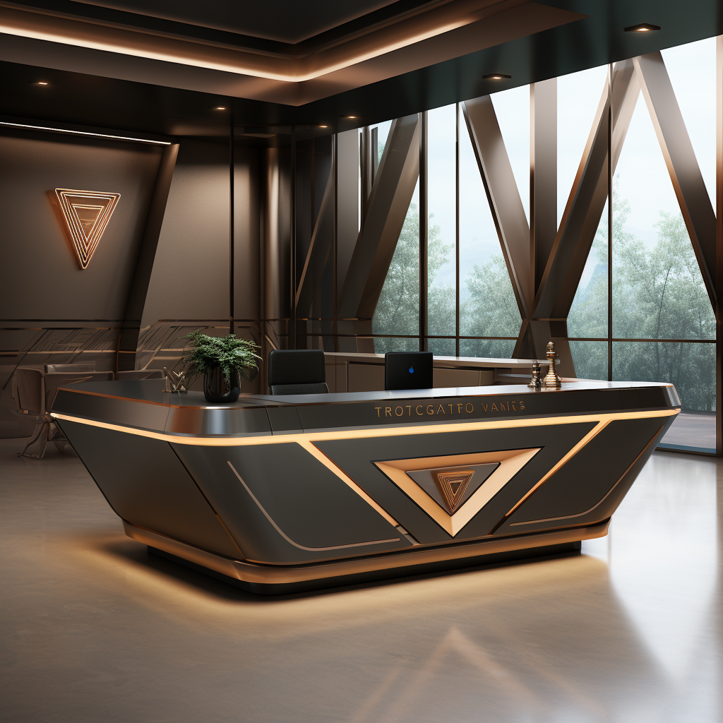 Upscale futuristic concierge desk with bronze wood and marble