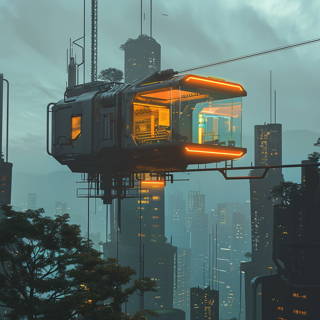 Futuristic metallic cabin in cityscape