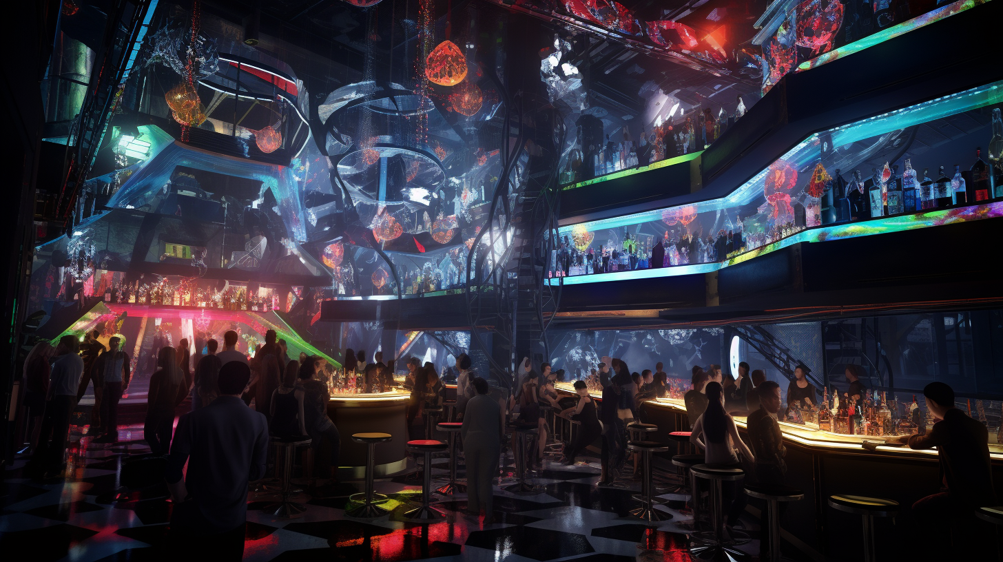 Vibrant futuristic Mexican bar with partygoers