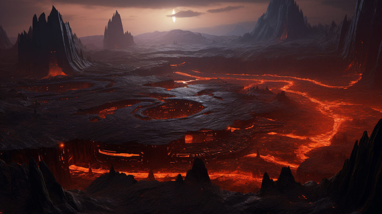 Futuristic military base surrounded by lava rivers