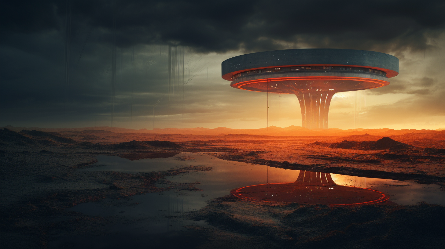 Futuristic military bunker with suspended highway amid multicolored sky fire