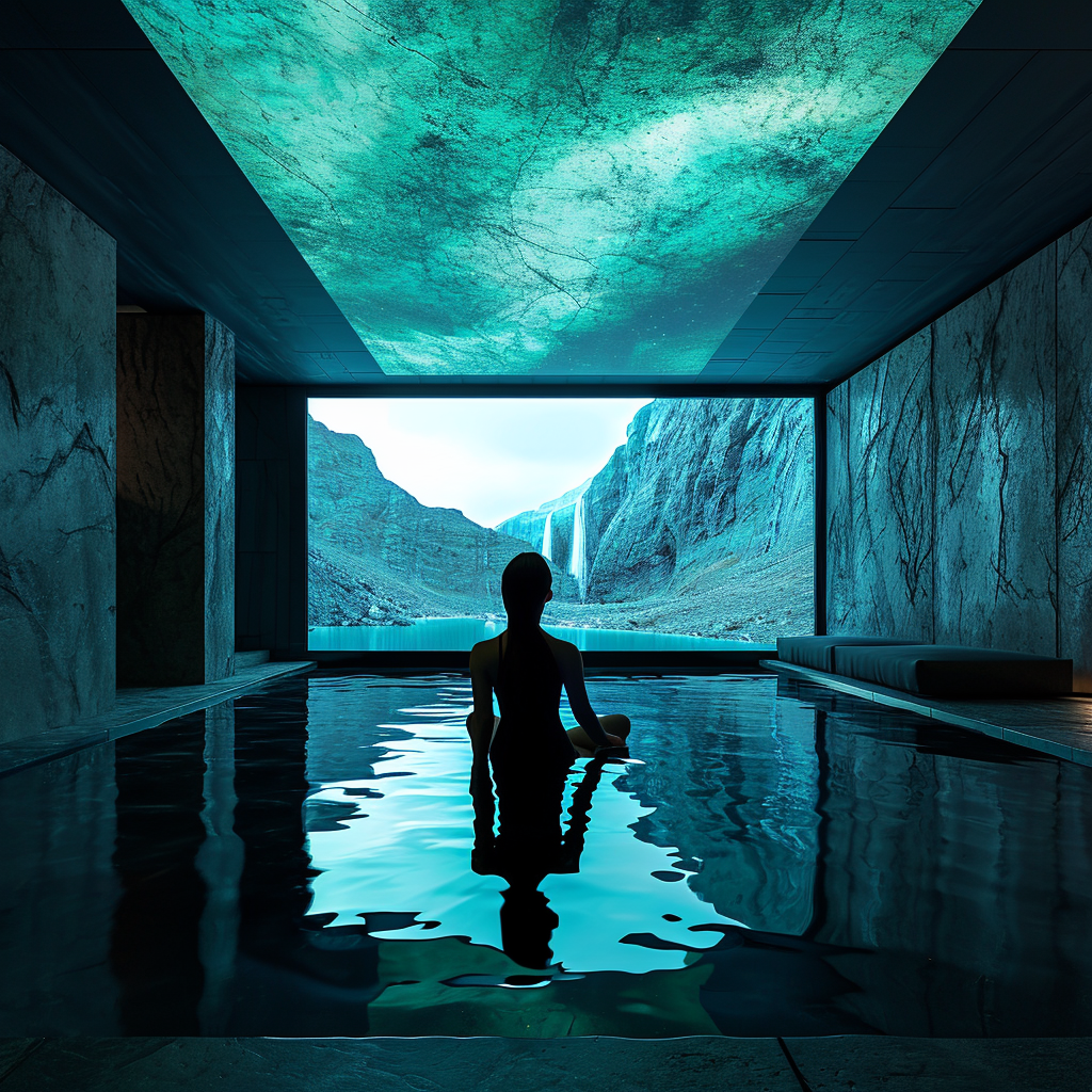 Woman relaxing in futuristic minimalist spa