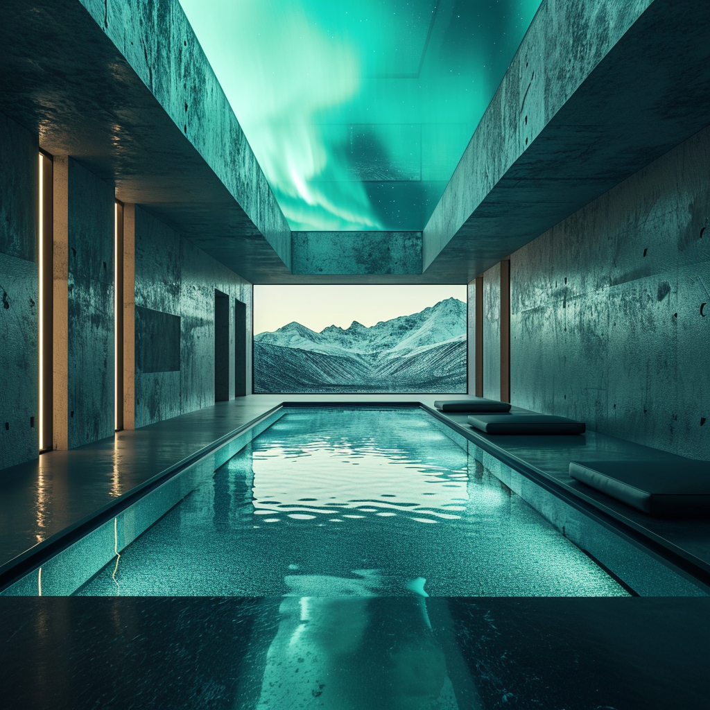 Futuristic minimal spa with teal-lit pool