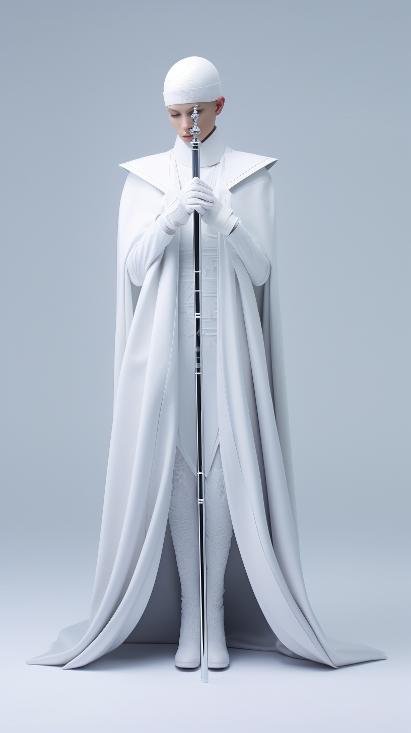 Young man playing flute in futuristic Snow Maiden costume