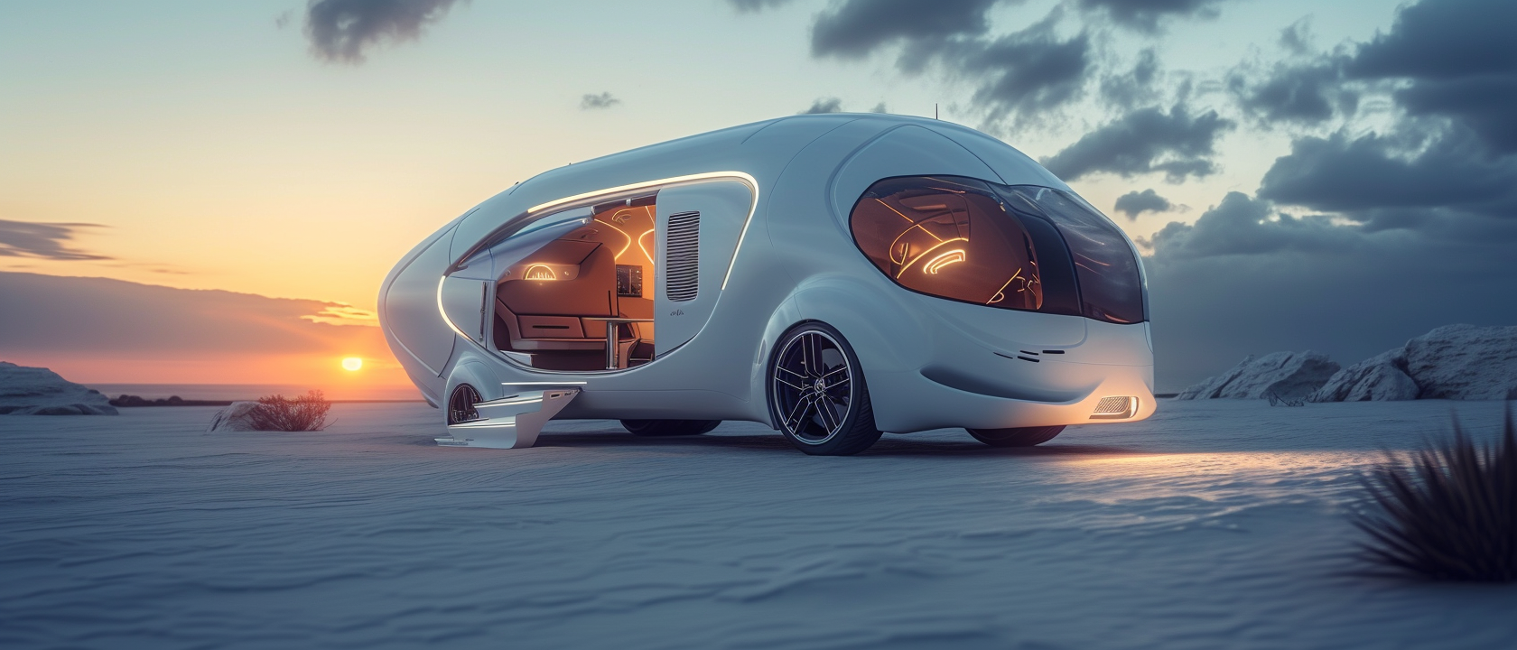 White futuristic mobile camper van