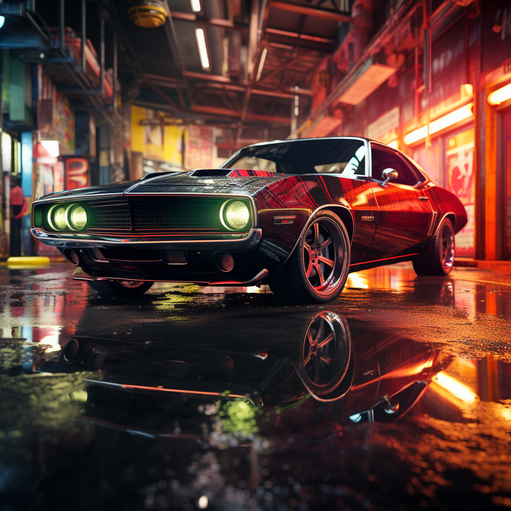 Futuristic muscle car with dew reflections