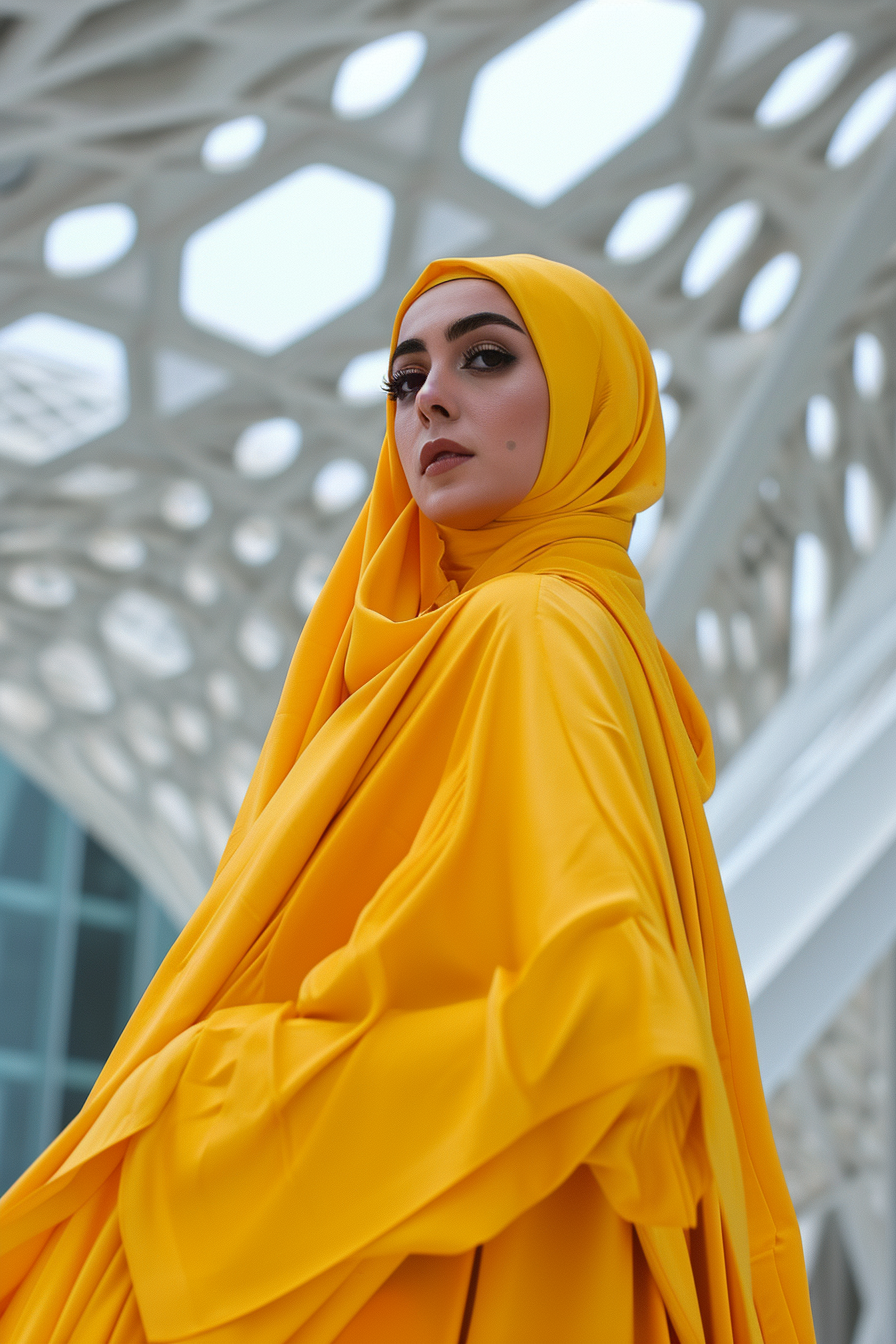 Beautiful Muslim woman in futuristic yellow outfit